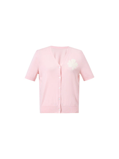 Tencel Blend Floral Embroidered Women Short Sleeve Cardigan