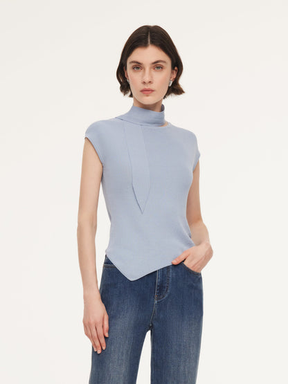 Tencel Blend Asymmetrical Hem Women Knit Top With Ribbon