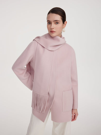 Tencel Wool Blend Double-Faced Women Coat With Fringe Scarf