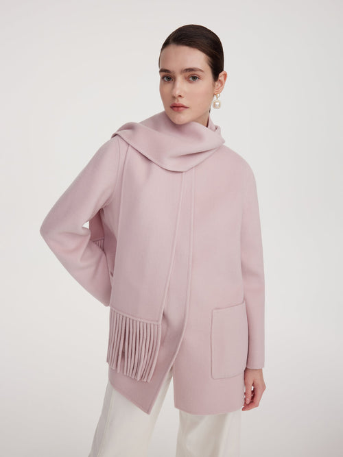 Tencel Wool Blend Double-Faced Women Coat With Fringe Scarf