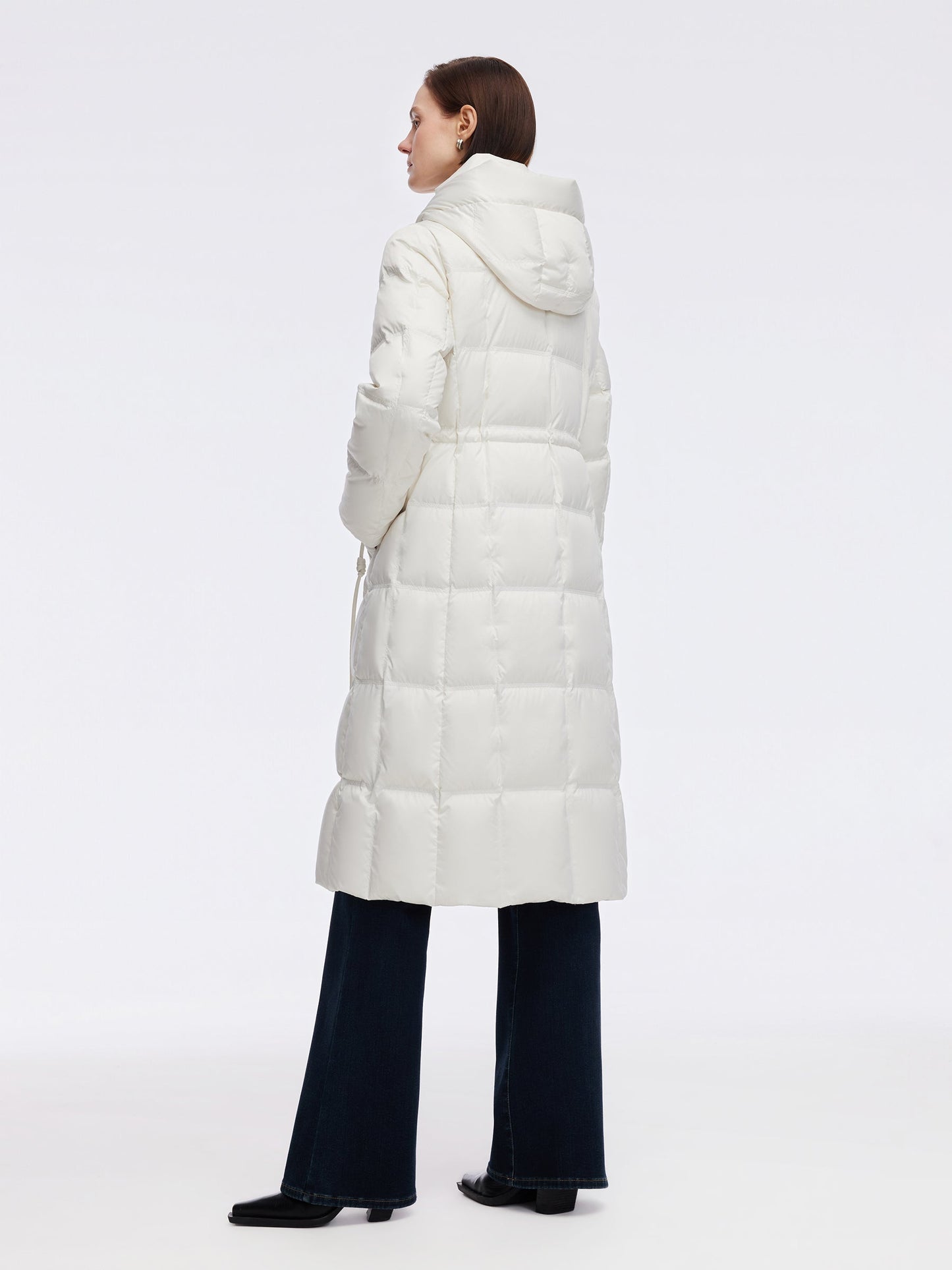 Drawstring Adjustable Waist Hooded Long Goose Down Coat