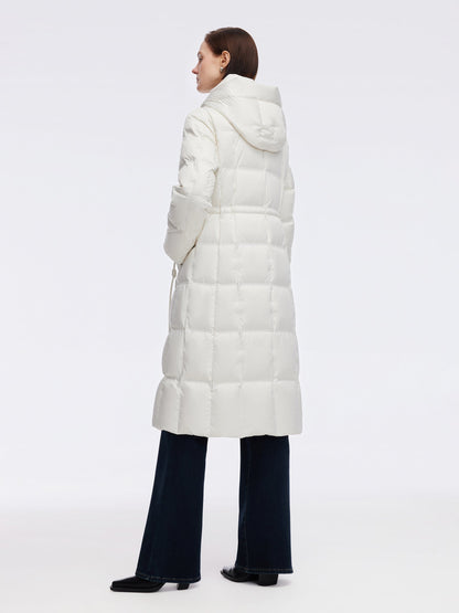 Drawstring Adjustable Waist Hooded Long Goose Down Coat