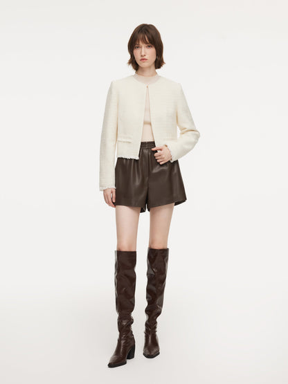 Tweed Round Neck Frayed Hem Women Cropped Jacket