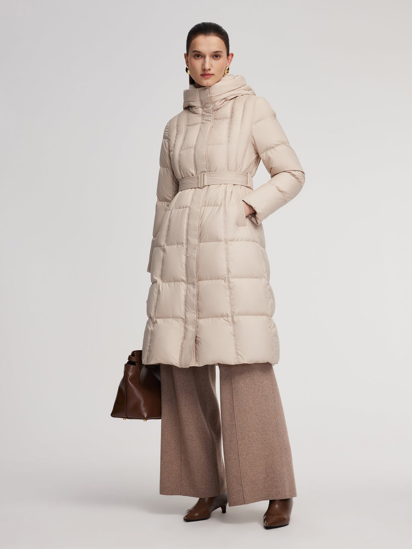 Windproof Hooded Goose Down Coat With Belt
