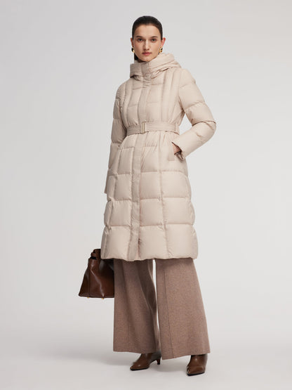 Windproof Hooded Goose Down Coat With Belt