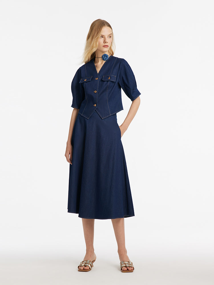 Denim V-Neck Top And Half Skirt Two-Piece Set