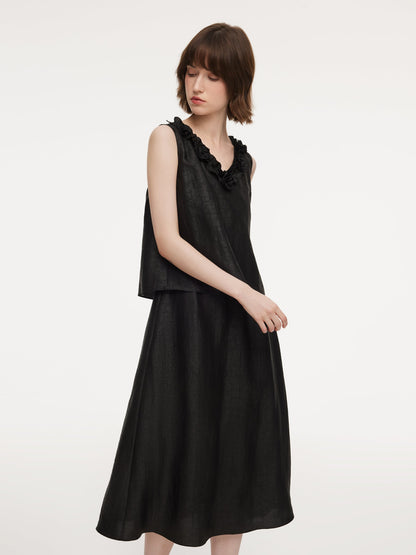 18MM Gambiered Canton Gauze Floral V-Neck Women Sleeveless Maxi Dress With Scrunchie