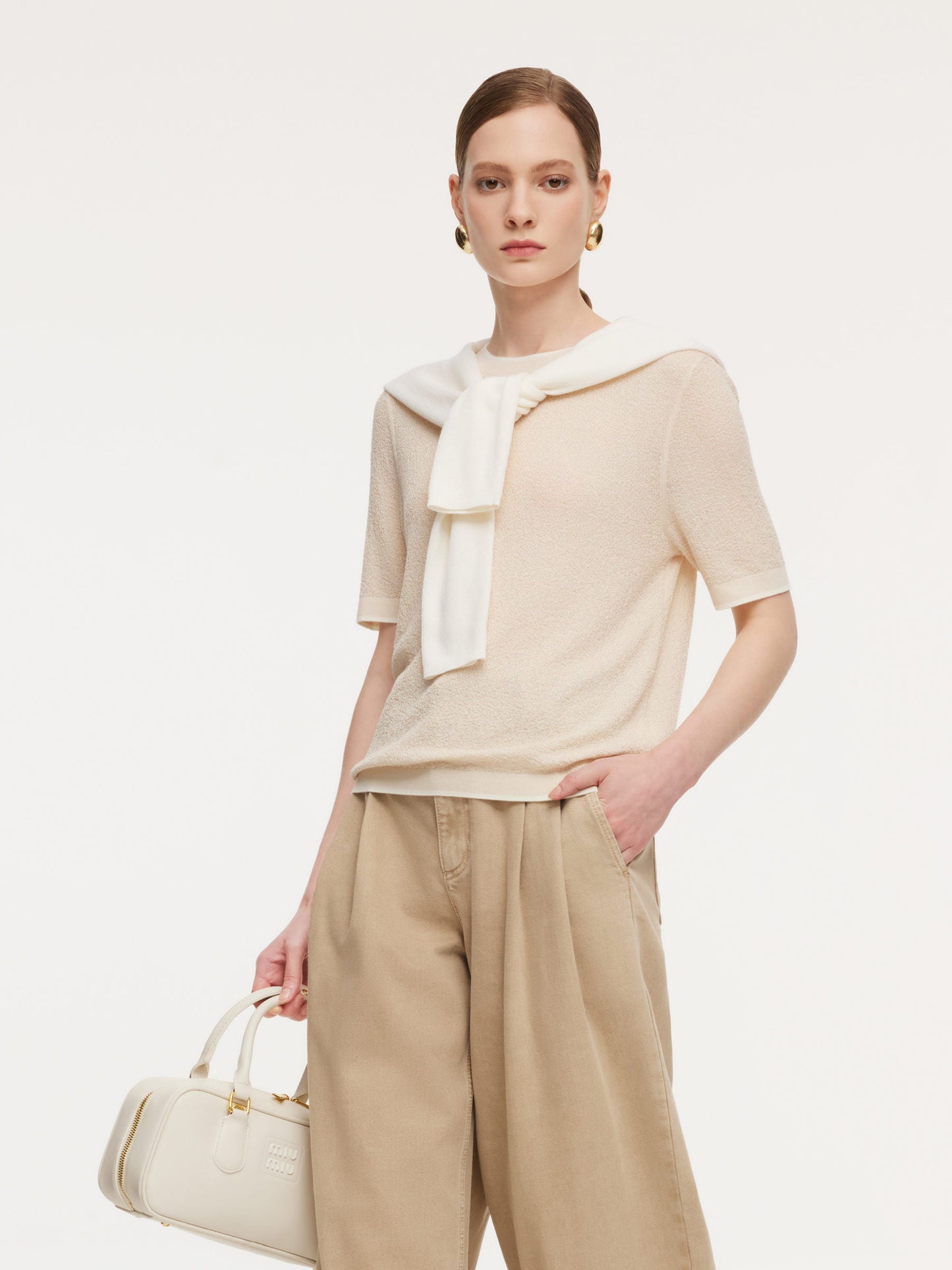 Triacetate Tencel Blend Contrast Trim Women Knit Top