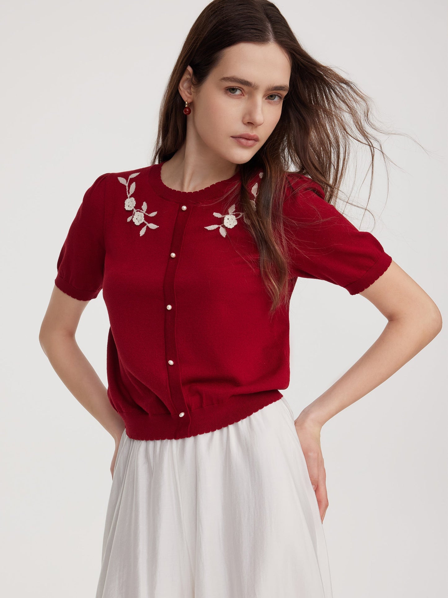 Lyocell Blend Jacquard Women Knit Top With Detachable Knit Flowers