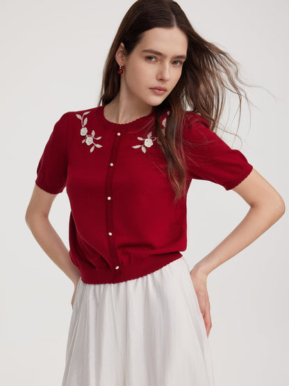 Lyocell Blend Jacquard Women Knit Top With Detachable Knit Flowers