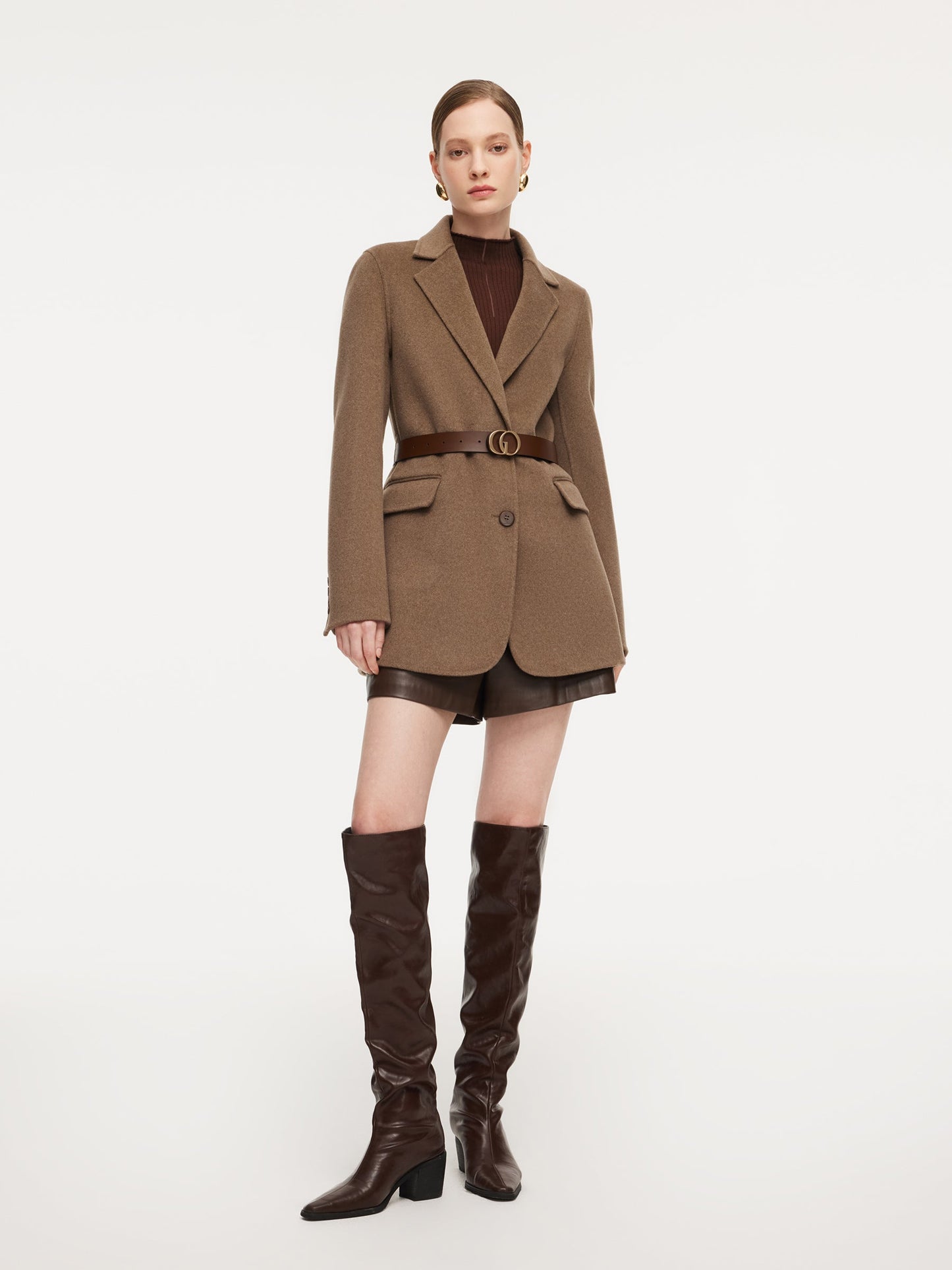Cashmere Wool Blend Double-Faced Women Blazer With Leather Belt
