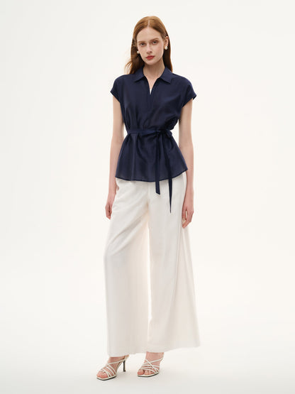 Pre-Order Tencel Blend Belted Blouse And Pants Two-Piece Set