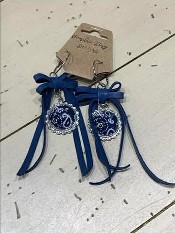 Navy Blue Bandana Bow Earrings | Western Boho Statement Earrings by Sandra Ling Designs