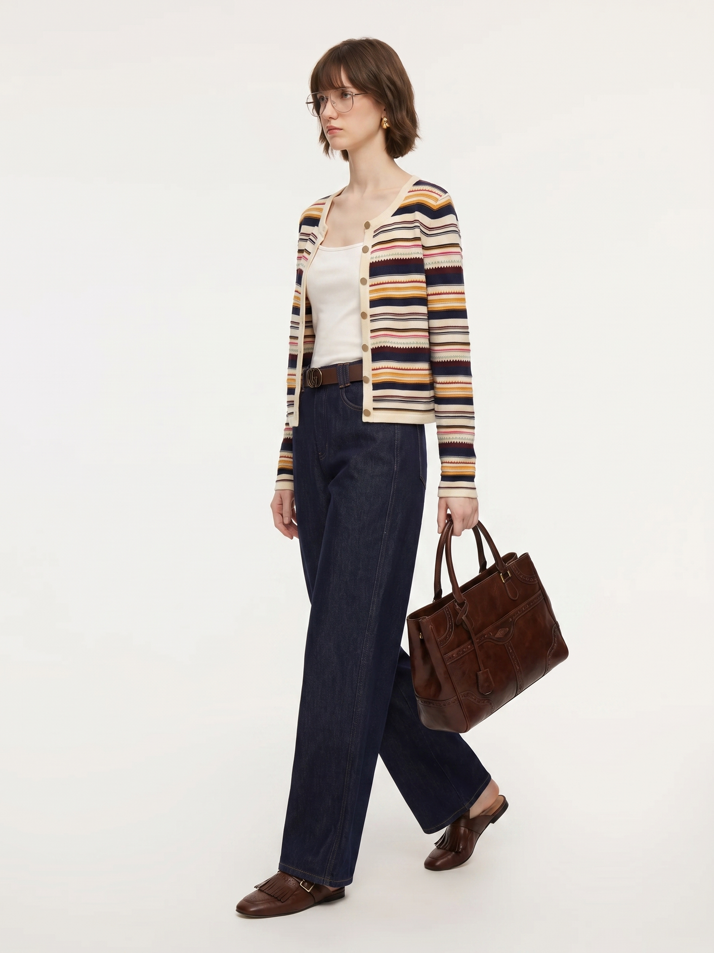 100% Cotton Multicolored Stripe Women Cardigan