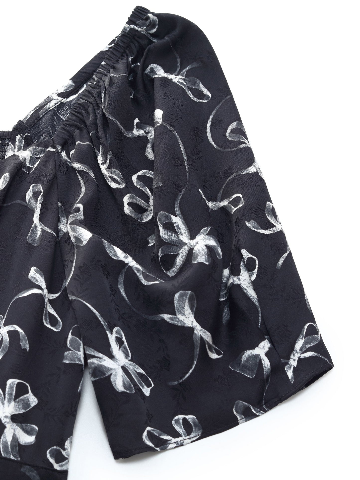 Ribbon Print Puff Sleeve Women Midi Dress