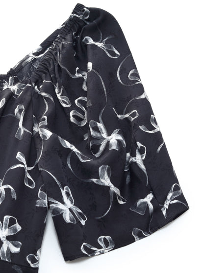 Ribbon Print Puff Sleeve Women Midi Dress