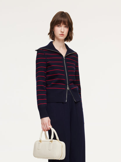 Lyocell Wool Blend Stripe Reversible Zip-Up Women Cardigan