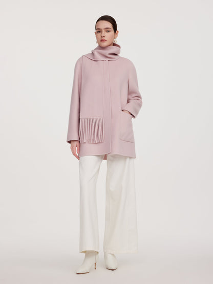 Tencel Wool Blend Double-Faced Women Coat With Fringe Scarf
