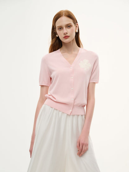 Tencel Blend Floral Embroidered Women Short Sleeve Cardigan