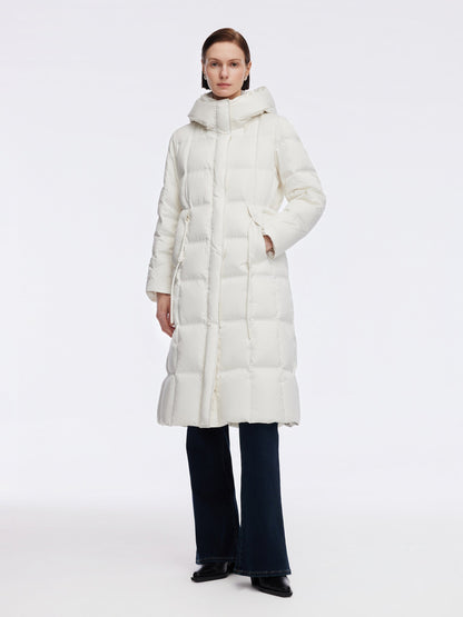 Drawstring Adjustable Waist Hooded Long Goose Down Coat