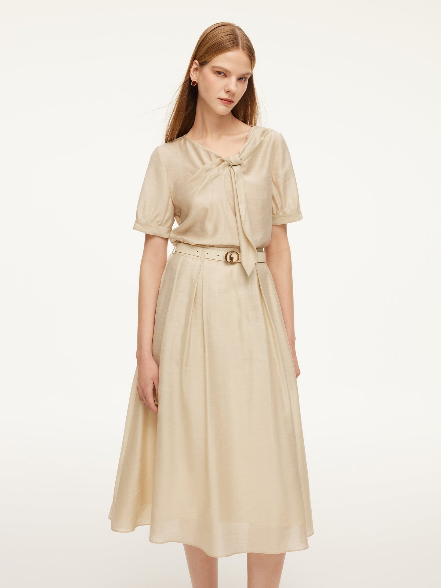 Tencel Acetate Linen Blend Tie Neck Women Blouse