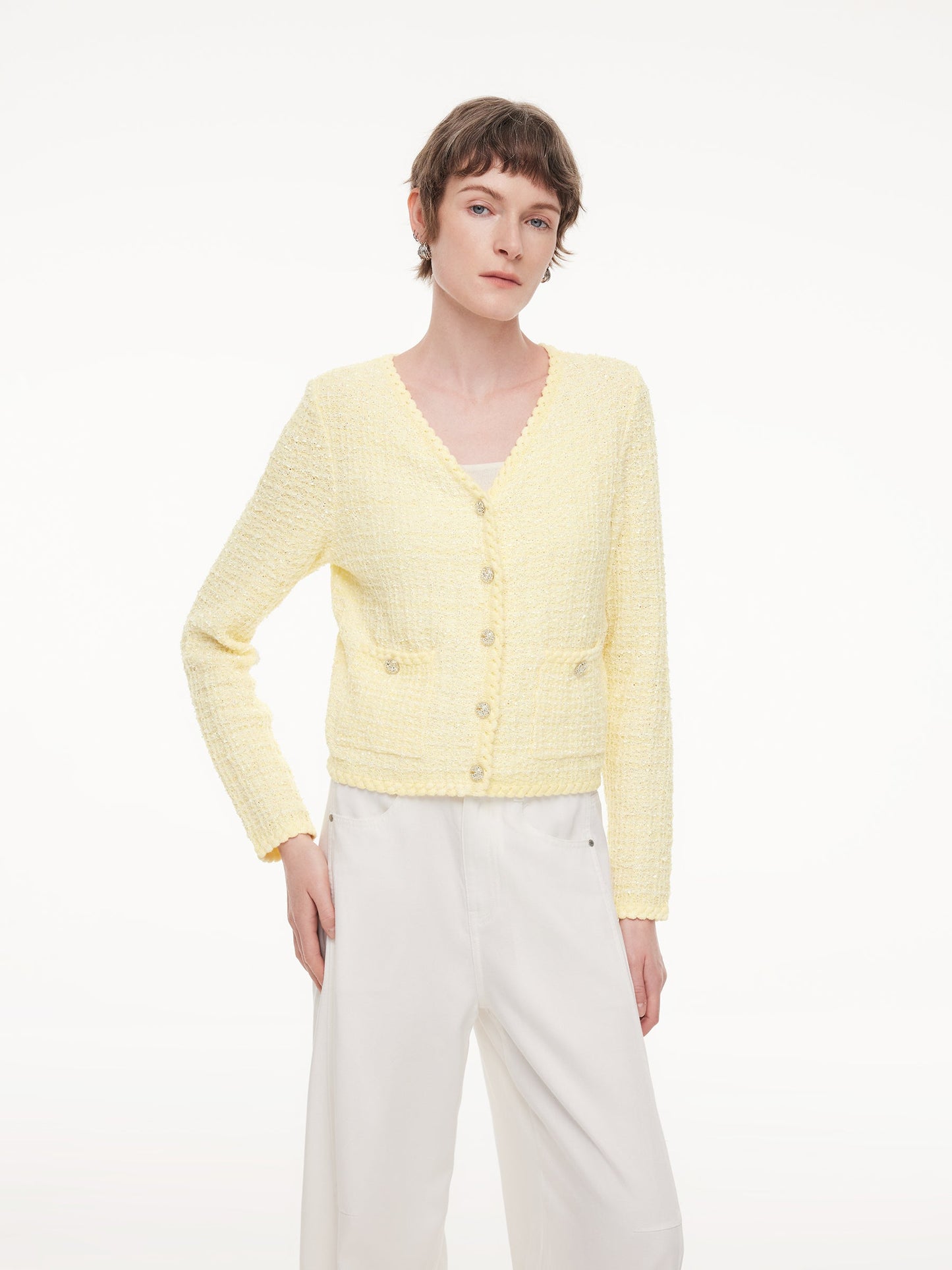 V-Neck Single-Breasted Women Textured Cardigan
