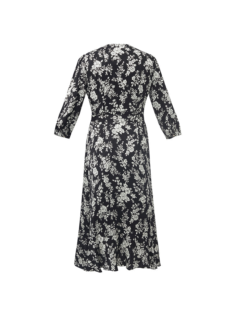 Camellia Print V-Neck Ruffle Hem Women Midi Wrap Dress