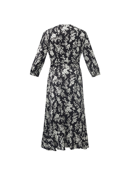 Camellia Print V-Neck Ruffle Hem Women Midi Wrap Dress