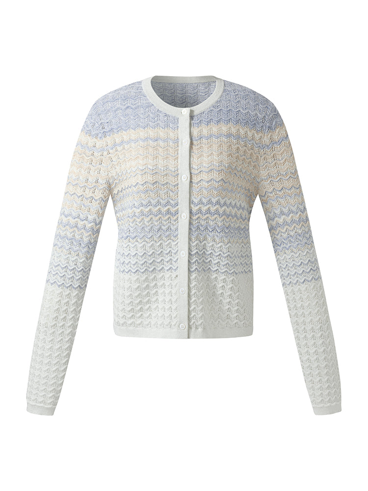 Cotton Blue And White Gradient Stripe Women Cardigan