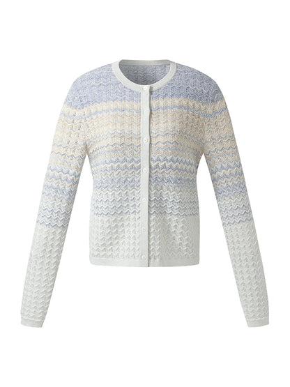 Cotton Blue And White Gradient Stripe Women Cardigan