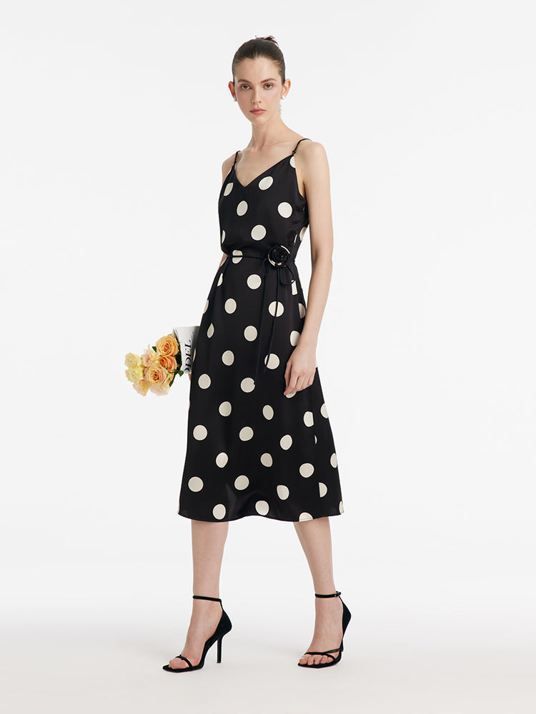 Acetate Polka Dots Print Spaghetti Strap Women Midi Dress With Rose Belt