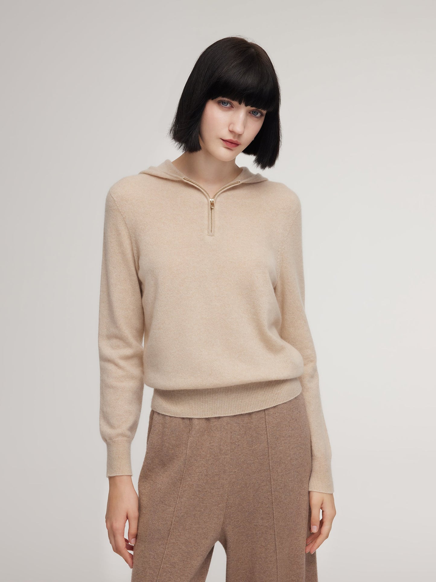 100% Cashmere Half-Zip Women Hooded Sweater