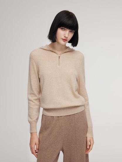 100% Cashmere Half-Zip Women Hooded Sweater