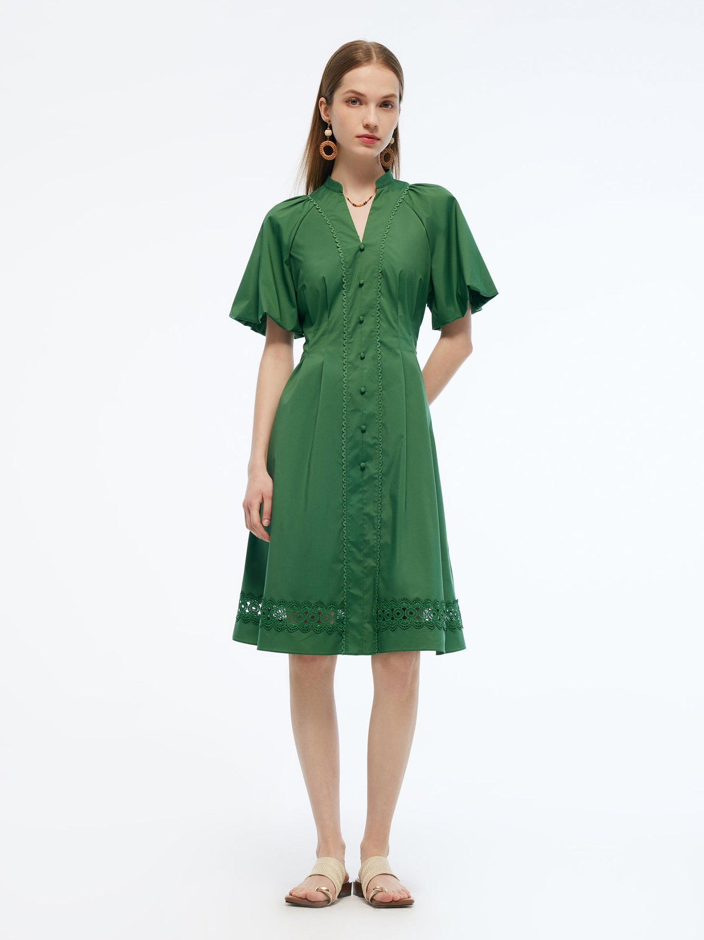 Gathered Waist Puff Sleeve Women Midi Dress