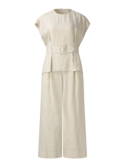 100% Linen Blouse And Pants Two-Piece Set