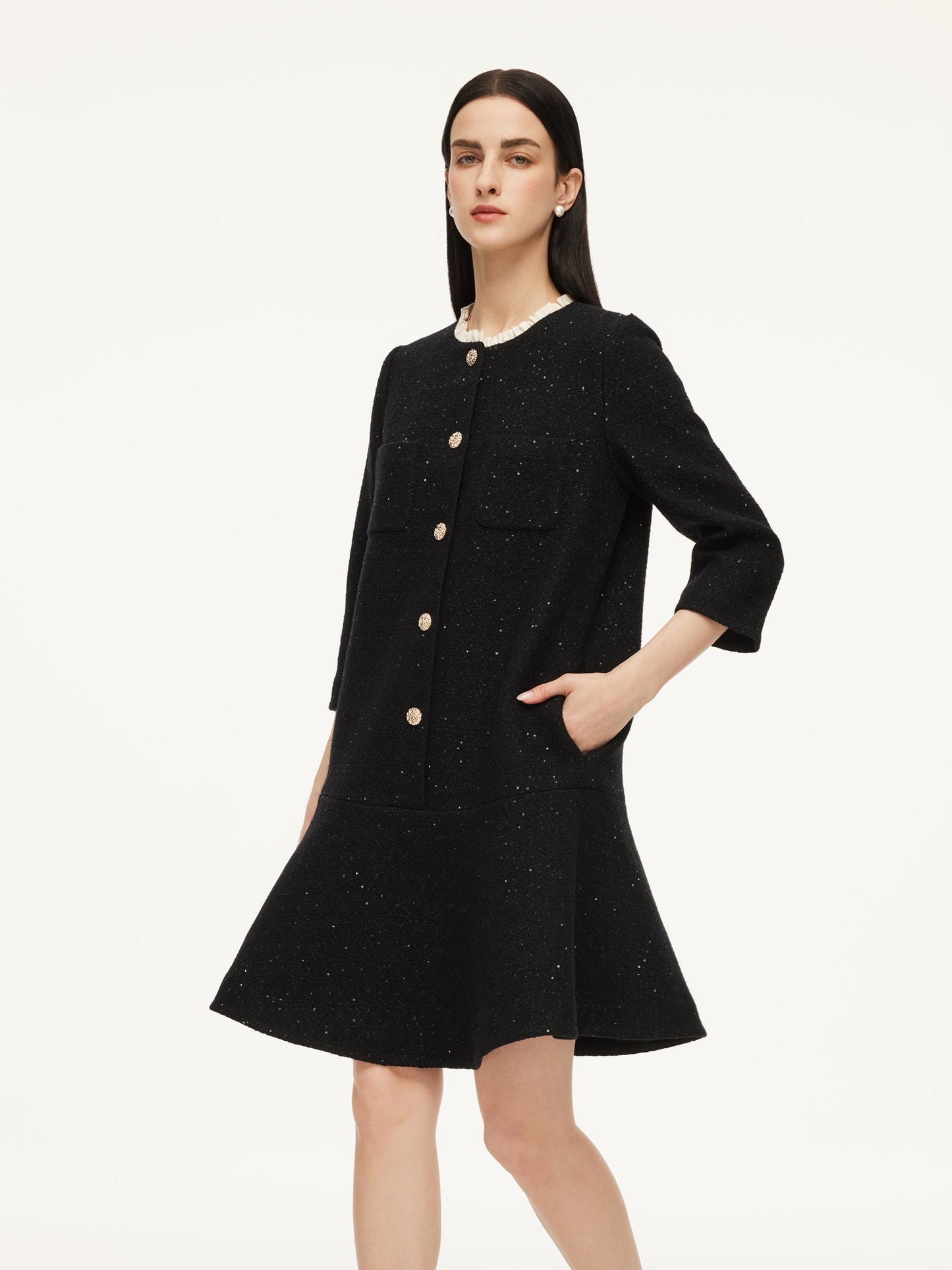 Wool Blend Sequins Ruffle Hem Women A-Line Mini Dress