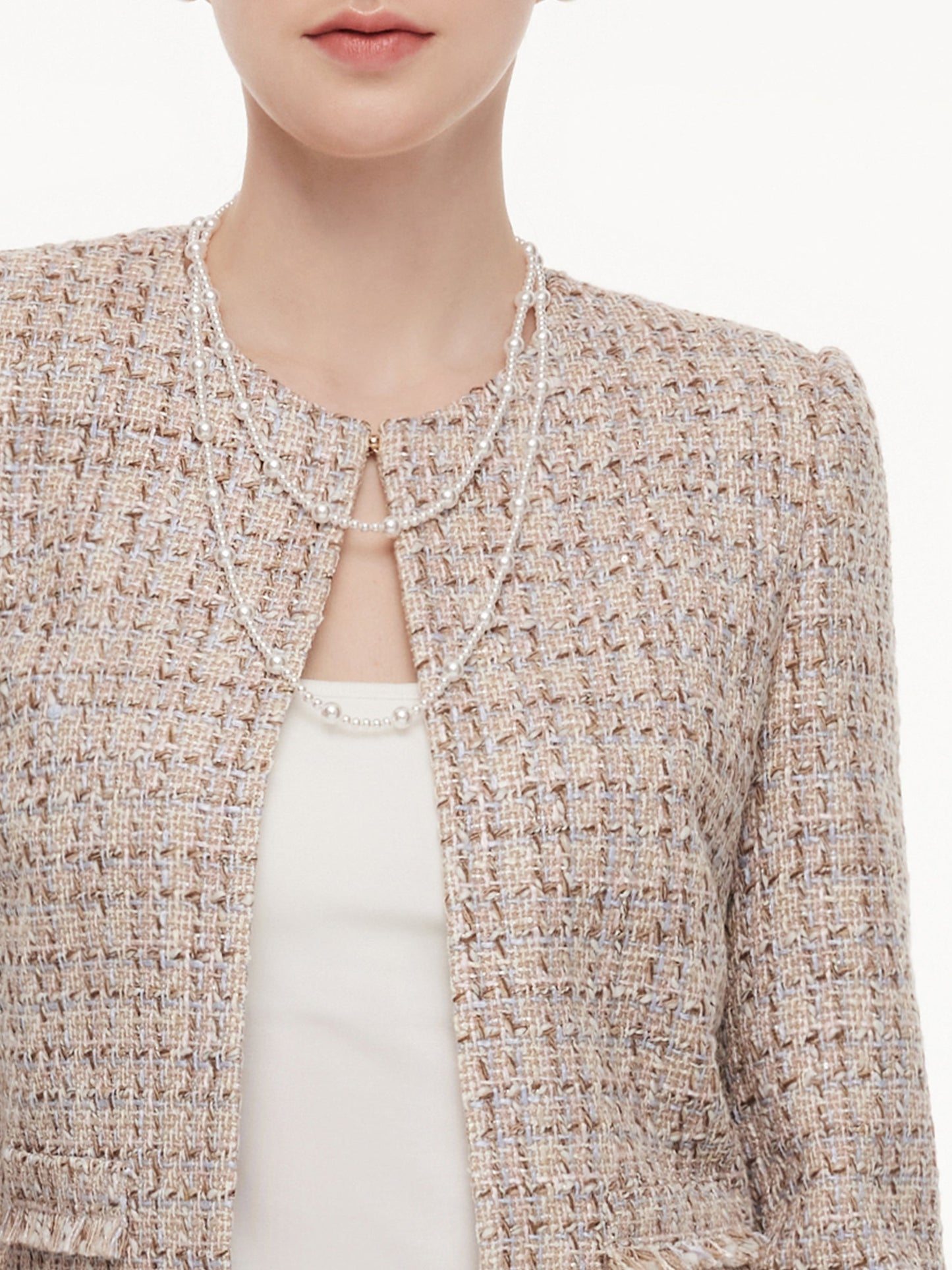 Wool Blend Textured Tweed Frayed Hem Women Jacket