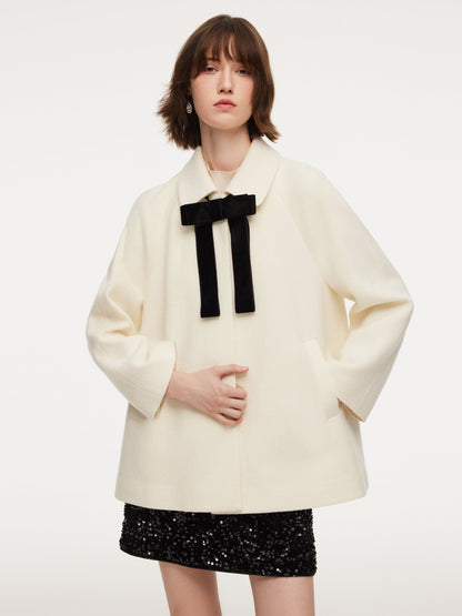 100% Wool Women Coat With Detachable Bowknot