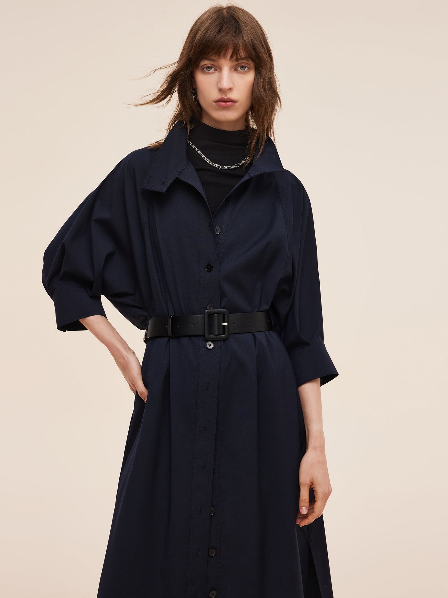 Adjustable Collar Women Trench Coat With Leather Belt