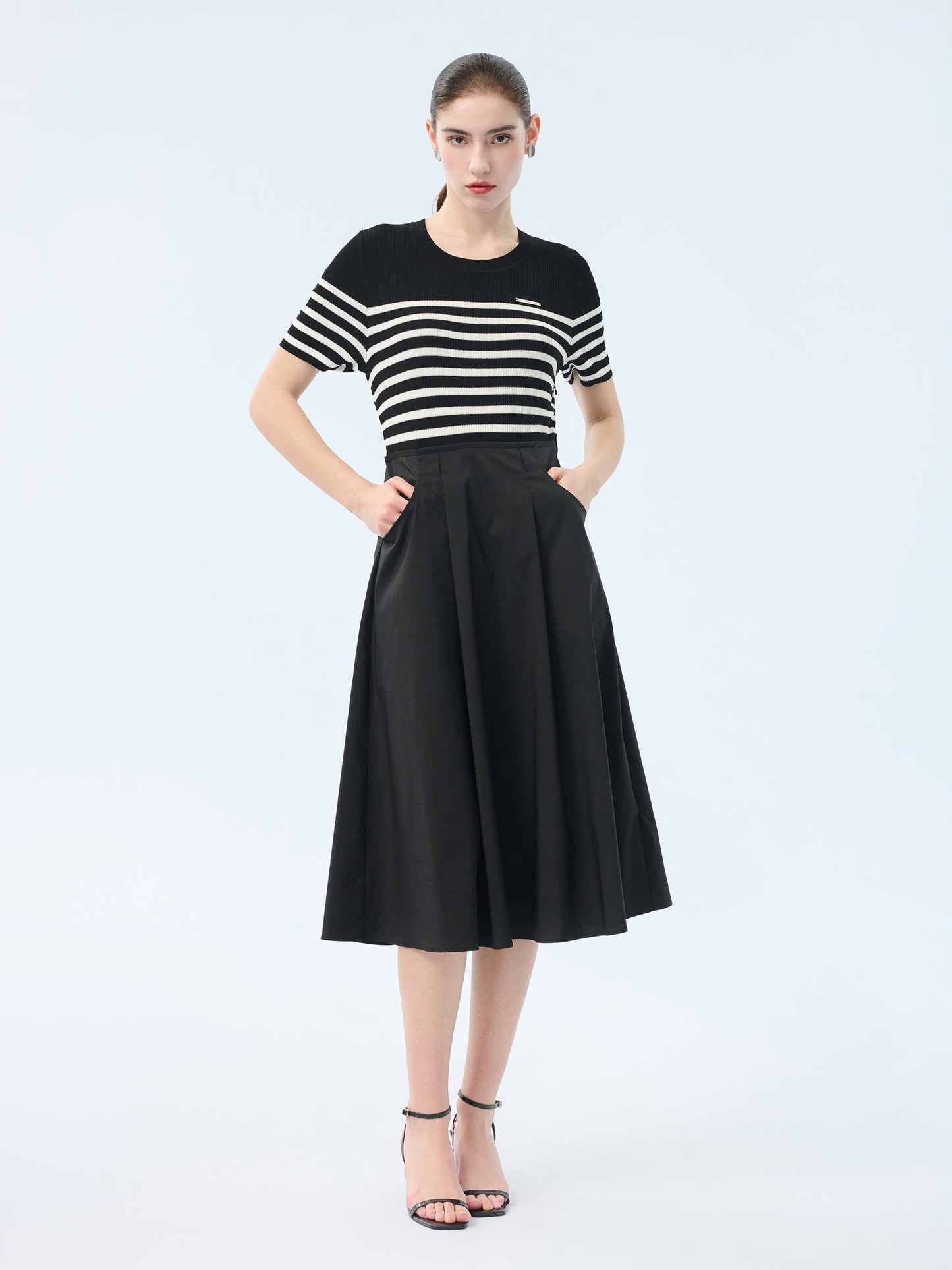 Lyocell Blend Stripe Patchwork Women Midi Dress With Belt