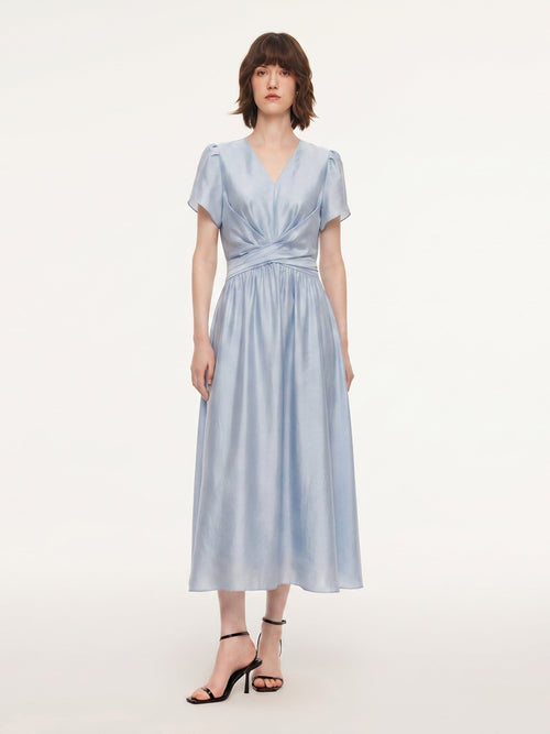 Tencel Blend Twist Front V-Neck Women Maxi Dress
