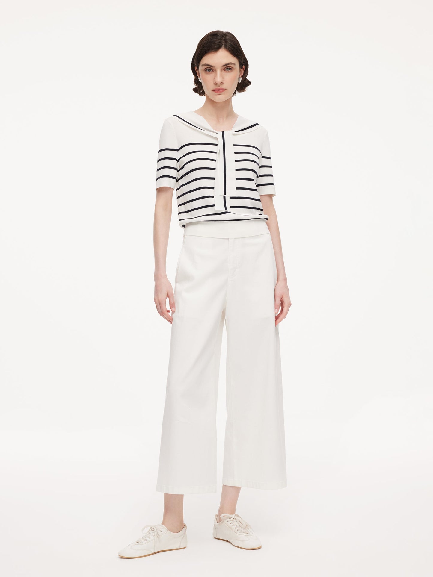 Lyocell Blend Stripe Women Knit Top With Detachable Sailor Collar