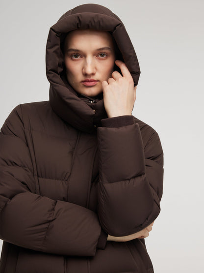 H-Line Knit Collar Long Goose Down Coat With Detachable Hood