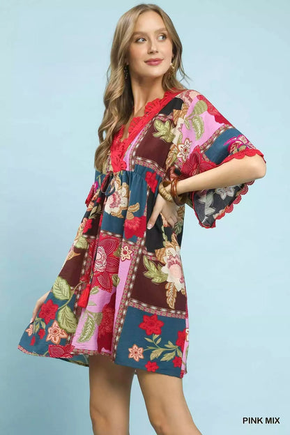 Umgee Abstract Print V-Neck Mini Dress
