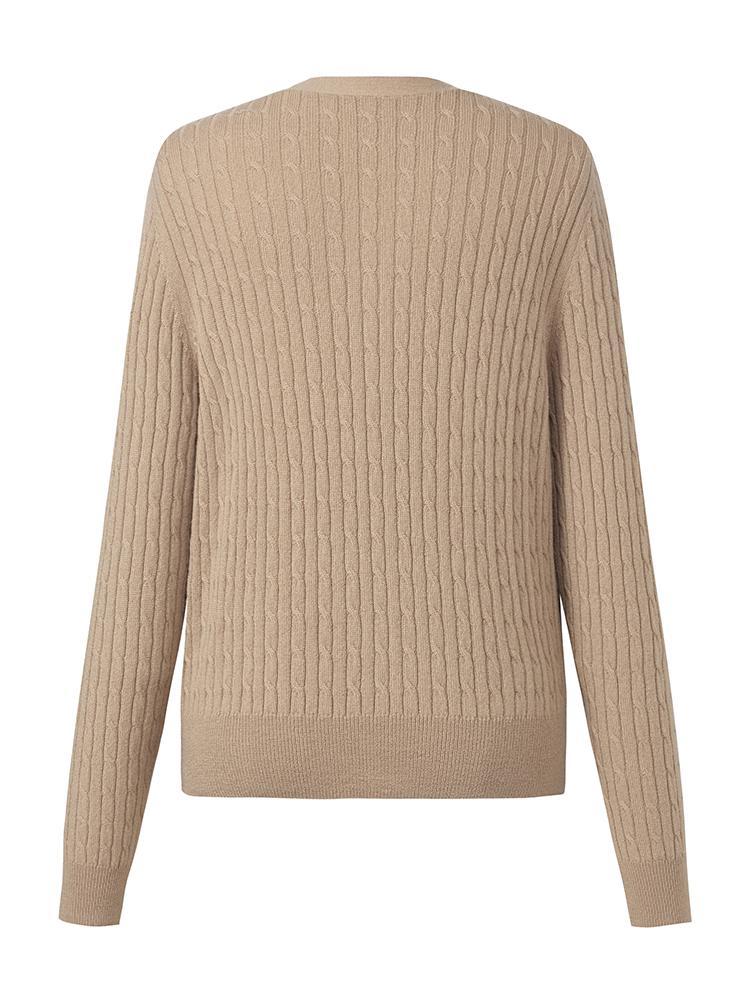 Camel Pure Cashmere V-Neck Cable Knit Women Cardigan