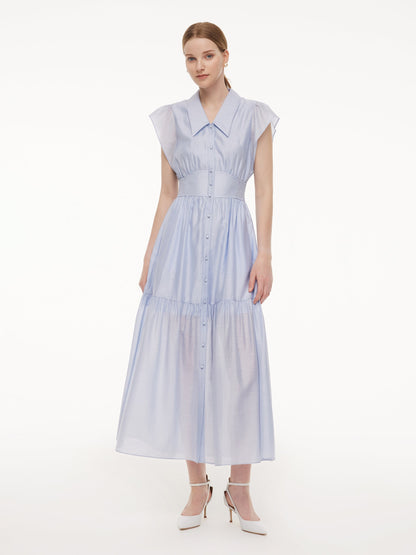 Tencel Acetate Blend Ruffle Cap Sleeve Women Maxi Dress With Ribbon