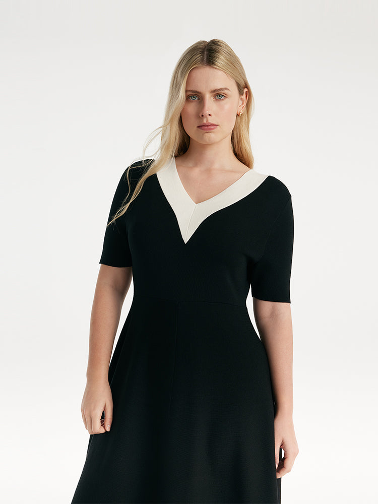 Pre-Order Contrast V-Neck Slim Knitted Women Midi Dress