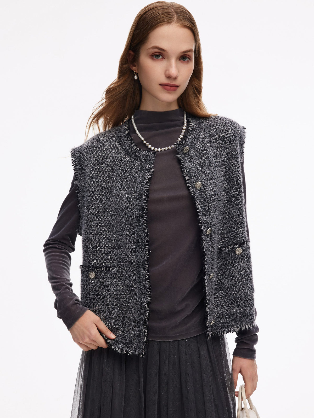 Frayed Trim Sequins Women Vest