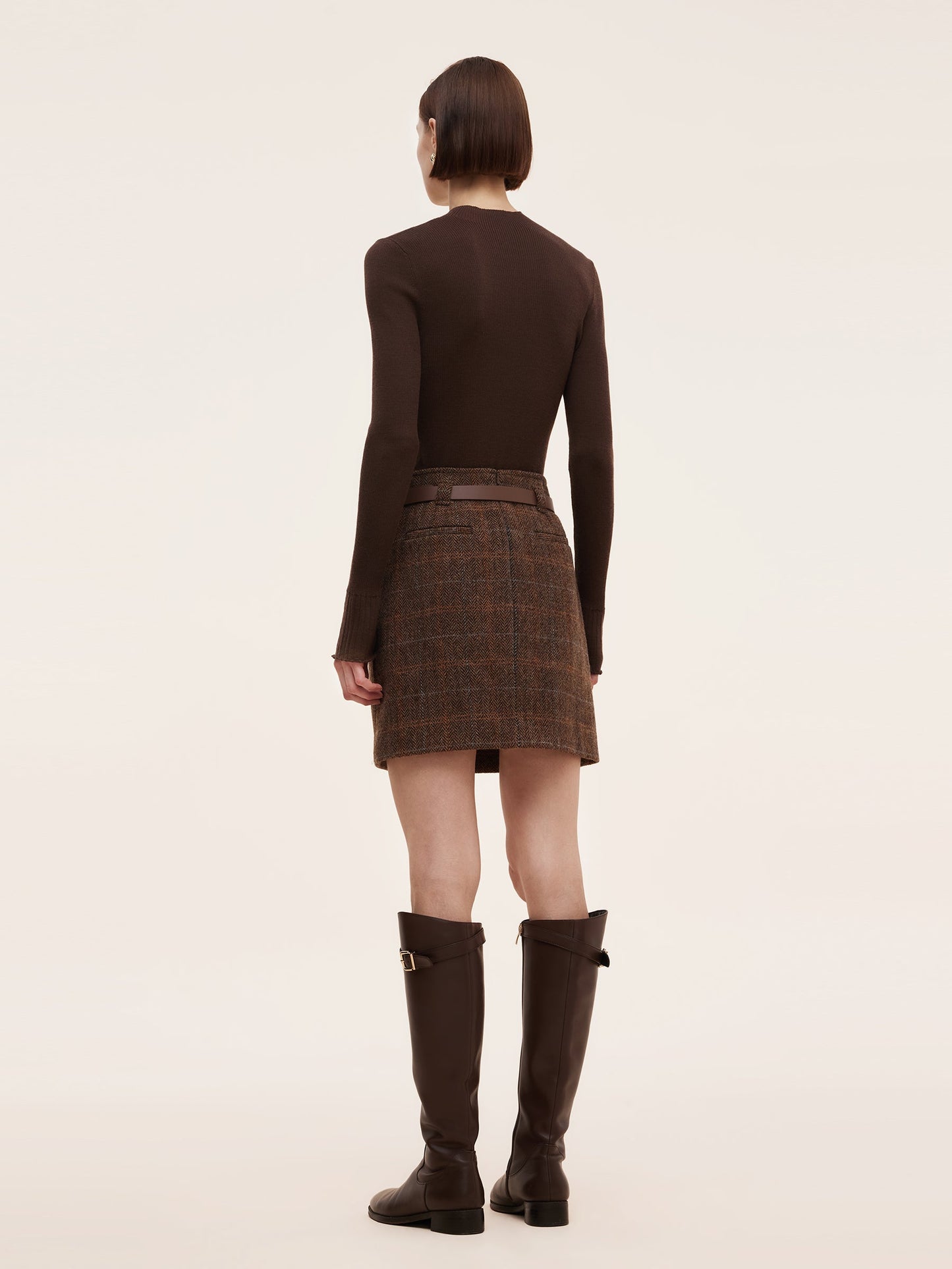 100% Wool Plaid Women Skirt With Leather Belt