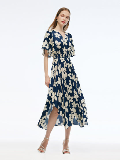 Batwing Sleeve V-Neck Women Asymmetric Hem Maxi Dress
